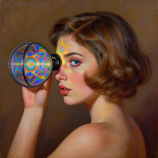 Digital painting of a fair-skinned woman with short brown hair, wearing a colorful, circular kaleidoscope over her right eye, against a brown gradient