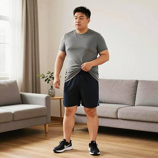 Photograph of a muscular Asian man in a gray T-shirt and black shorts, standing in a modern living room, lifting his shirt, wearing black Nike