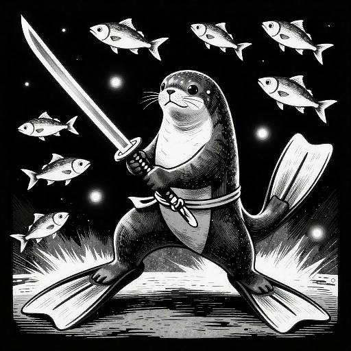 Woodcut Samurai Seal Slicing Bioluminescent Fish