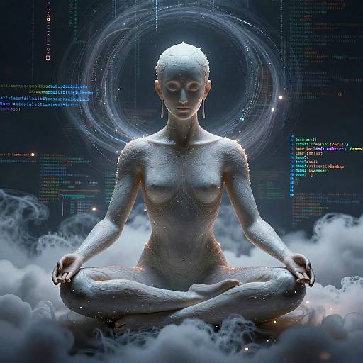 Digital artwork of a nude, silver-skinned, bald woman in a meditative lotus position, surrounded by mist and glowing circular lights, set against