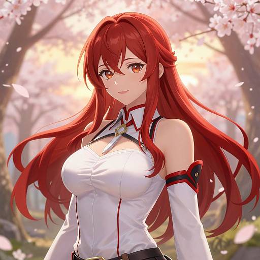 Digital anime-style drawing of a red-haired woman with large breasts, wearing a white, form-fitting shirt with red accents, standing in a sunlit