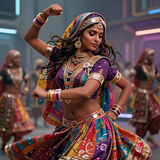 Photograph of a vibrant Indian dancer in traditional attire, mid-dance pose, adorned with gold jewelry, colorful saree, and headscarf,