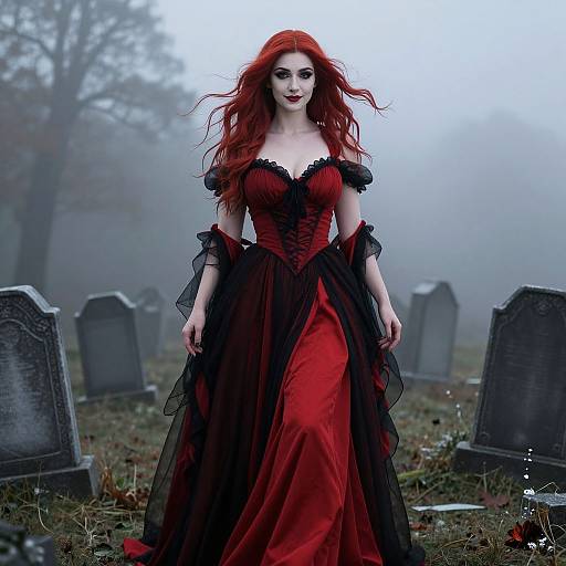 Photograph-style digital art of a pale, red-haired woman in a black and red gothic dress standing in a foggy graveyard.