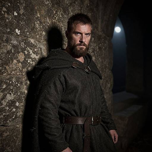 Photograph of a bearded man with a serious expression, wearing a dark, textured medieval cloak, standing in a dimly lit stone corridor with a