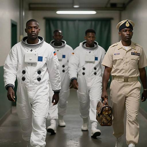 Black Astronauts Escorted Through Industrial Hallway