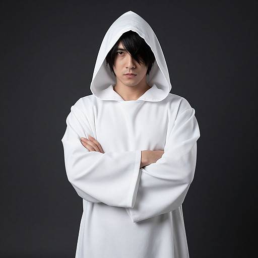 Photograph of a young Asian man with black hair, wearing a white hooded robe, arms crossed, against a dark background.