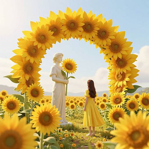 Photograph of a white statue of a woman holding a sunflower, framed by a sunflower arch, facing a girl in a yellow dress in a