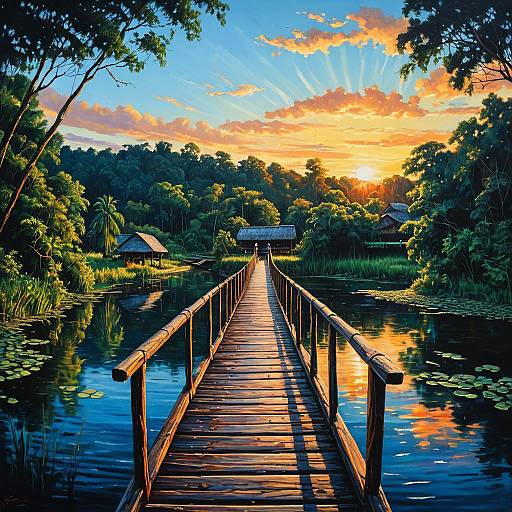 Sunset Wooden Bridge Over Reflective Water