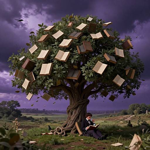 Digital fantasy illustration of a magical tree with floating books, under a stormy purple sky. A woman in a black dress sits at its base, reading