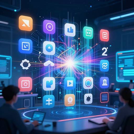 Digital art of a futuristic control room with glowing app icons and a radiant blue-white light burst, two blurred figures working at desks.