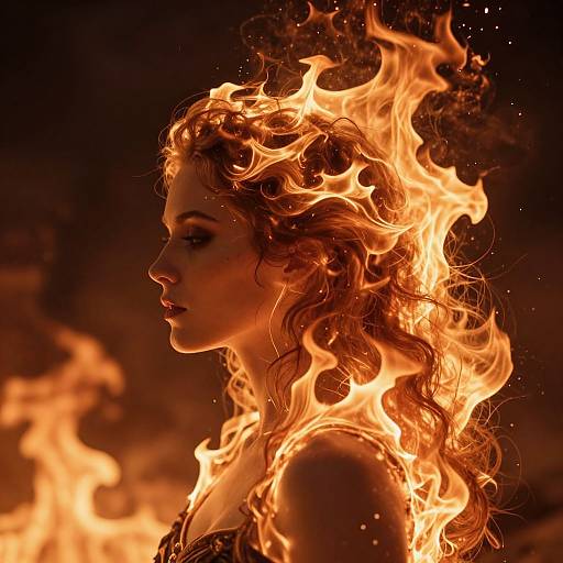 Photograph of a woman with flowing red hair engulfed in bright, orange flames, her profile illuminated against a dark background.