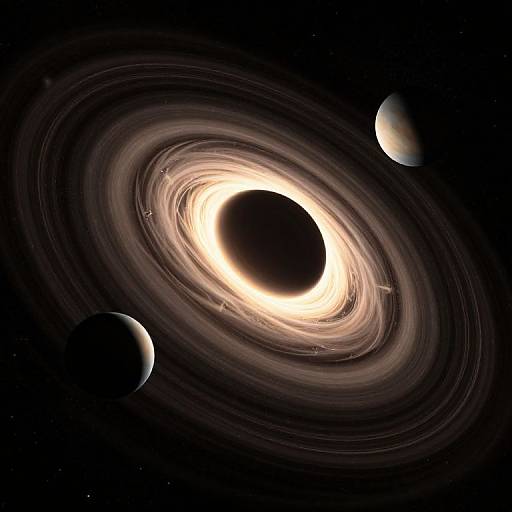 Digital artwork of a galaxy with a bright central eclipse, surrounded by dark rings and three smaller planets in a starry black space.