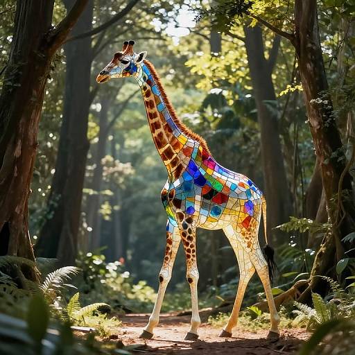 Translucent Stained-Glass Giraffe in Forest