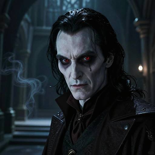 Photograph-style CGI of a pale, menacing man with long, wet black hair, red eyes, and dark makeup, smoking in a dimly lit