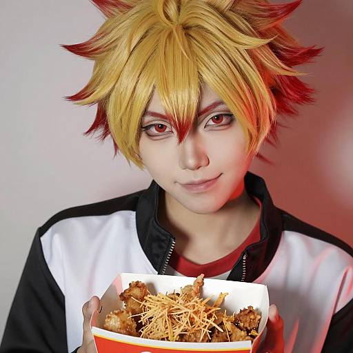 Cosplayer with Spiky Hair Holding Shredded Chicken