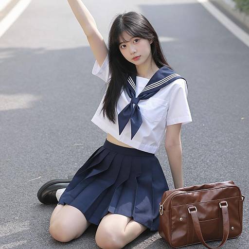 Young Asian Woman in Sailor School Uniform Kneeling on Road