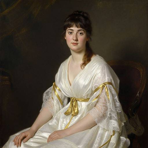 Classical oil painting of a fair-skinned woman with dark hair, wearing a white, lace-trimmed, gold-banded gown, seated against