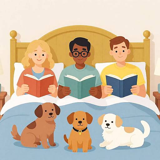 Family Relaxing with Their Six Dogs