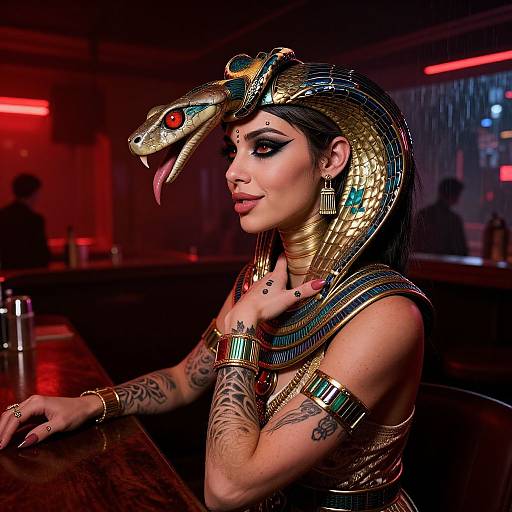 Photograph of a tattooed woman with dark hair, wearing an elaborate golden snake headdress, bracelets, and necklaces, sitting in a dimly