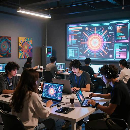 AI Art Community Collaborating in Futuristic Studio