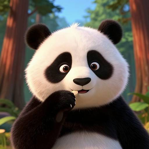 CGI cartoon panda with black-and-white fur, wide eyes, and a curious expression, standing in a vibrant forest with tall redwood trees.