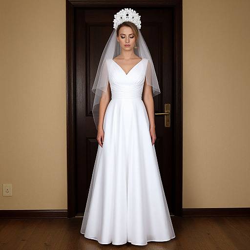 Photograph of a bride in a white, V-neck, floor-length wedding dress with sheer sleeves and veil, wearing a white floral headpiece, standing