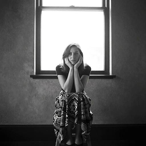Black-and-white photograph of a young woman with shoulder-length hair, hands resting on her cheeks, wearing a patterned skirt, standing in front of a