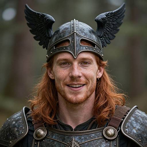 Photograph of a smiling red-haired man with a beard, wearing a black winged metal helmet and medieval armor in a forest.