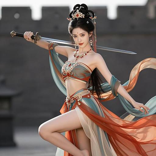 Digital art of an East Asian woman with black hair, wearing a silver and red, sheer, flowing outfit, holding a sword, standing in a martial