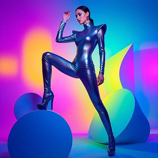 Photograph of a confident woman in a shiny black latex bodysuit and high heels, posing on a blue sphere, with vibrant neon rainbow background and