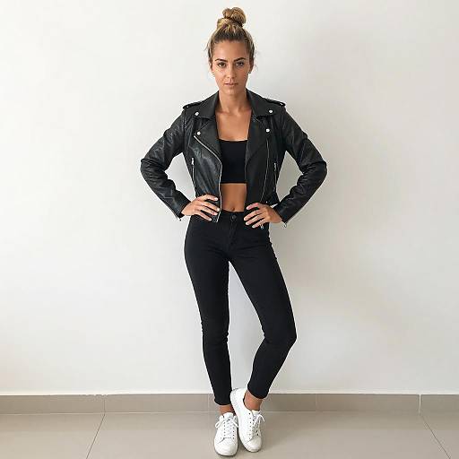 Stylish Woman in Black Leather Outfit