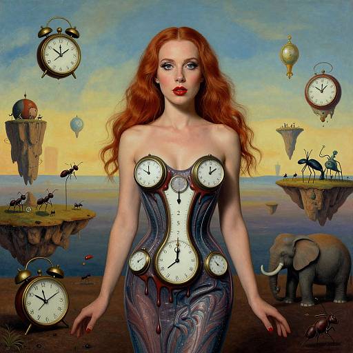Digital art: Red-haired woman with clock dresses, blue eyes, red lips, surrounded by floating islands, clocks, animals, and elephant, under yellow
