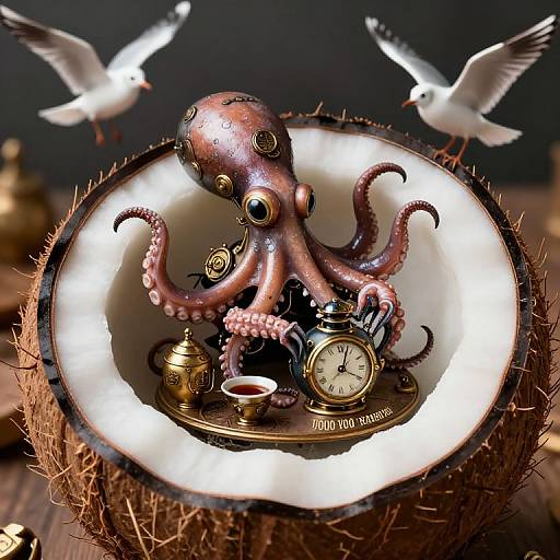 Photograph of a detailed, realistic octopus with pink tentacles inside a spiky coconut bowl, surrounded by vintage clock, teapot, and se