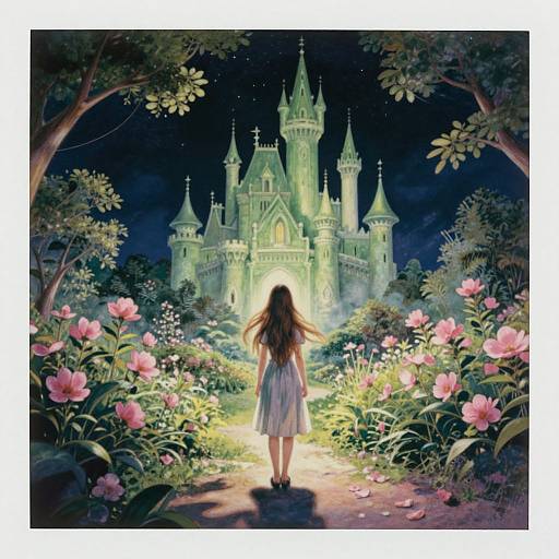 Digital painting: A woman with long brown hair, in a white dress, stands on a moonlit path, approaching a glowing, green, fairy-t
