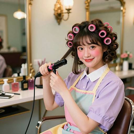 Asian woman with pink hair rollers, purple shirt, and blue apron, using black hairdryer in vintage-style salon with mirrors and makeup.
