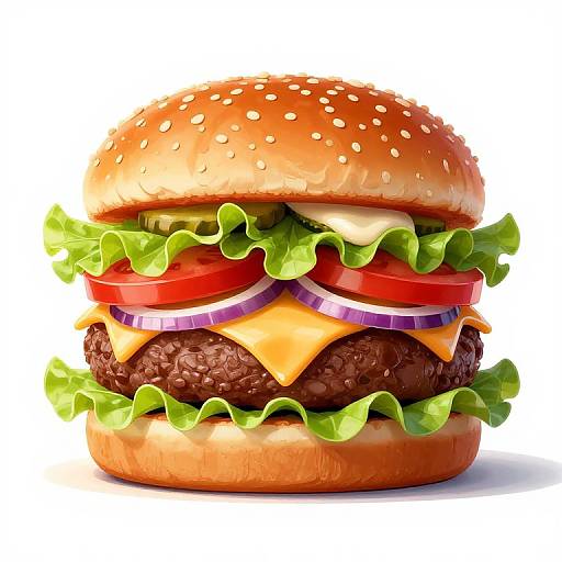 Photorealistic CGI of a juicy beef burger with sesame seed bun, lettuce, tomato, onions, cheese, and beef patty, against white background
