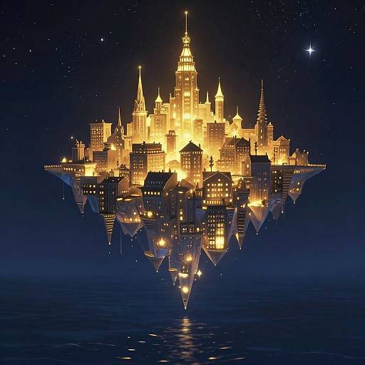 Futuristic floating cityscape at night, glowing golden buildings with illuminated spires and reflections in dark, starry ocean water. Digital art.