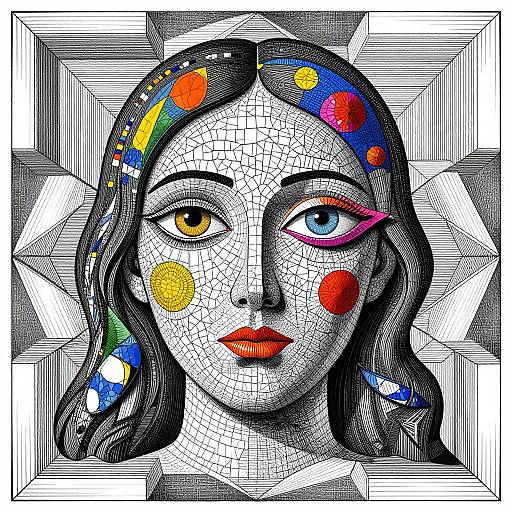 Colorful, mosaic-style portrait of a woman with mismatched eyes, vibrant red and pink cheeks, and long black hair, set against a geometric,