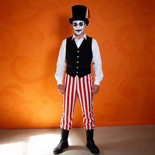 Photograph of a person in whiteface clown makeup, black top hat, white shirt, black vest, red and white striped pants, black boots,