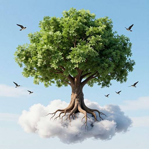 Digital illustration of a lush green tree with exposed roots, floating on a fluffy white cloud, set against a bright blue sky with several black birds flying around