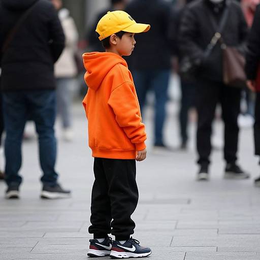 Boy in Orange Hoodie on Street