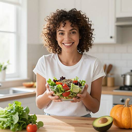 Photograph of a smiling curly-haired woman in a white shirt, holding a colorful salad in a kitchen with white cabinets, fresh vegetables, and a pumpkin