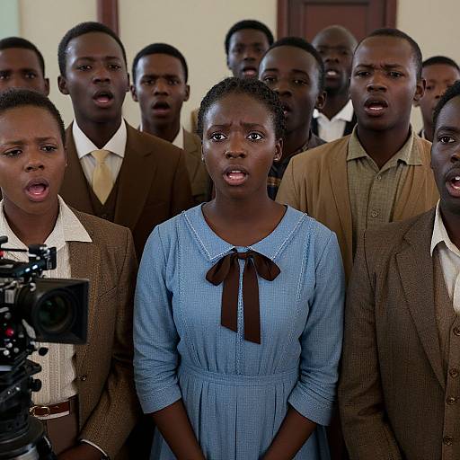 Photograph of a group of serious African teenagers, both male and female, in school uniforms, standing closely together with a camera in the foreground. Central