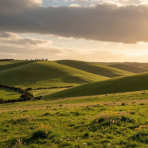 Photograph of a sunlit, rolling green hillside with scattered wildflowers, stone wall, and distant cows under a partly cloudy sky.