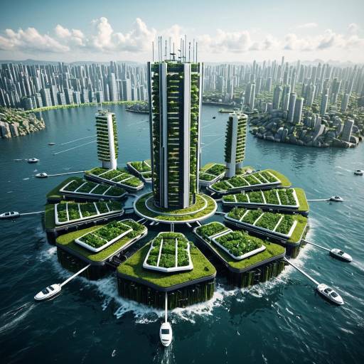 Futuristic floating city with vertical farms and wave energy