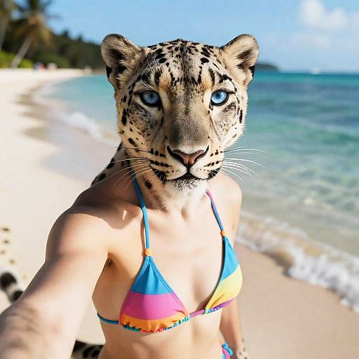 Snow Leopard Selfie on Tropical Beach