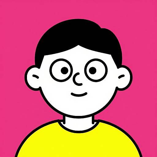 Cartoon-style digital drawing of a white boy with black hair, large round eyes, yellow shirt, and pink background. Simple, bold lines.