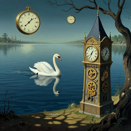 Digital artwork of a clock tower with gears beside a serene lake, a white swan swimming, and floating clocks against a twilight sky.