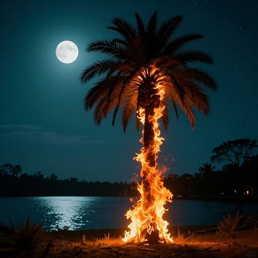 Flaming Palm Tree at Moonlit Lake