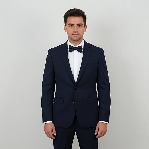 Photograph of a handsome man with short dark hair, wearing a black tuxedo, white dress shirt, and black bow tie, standing against a